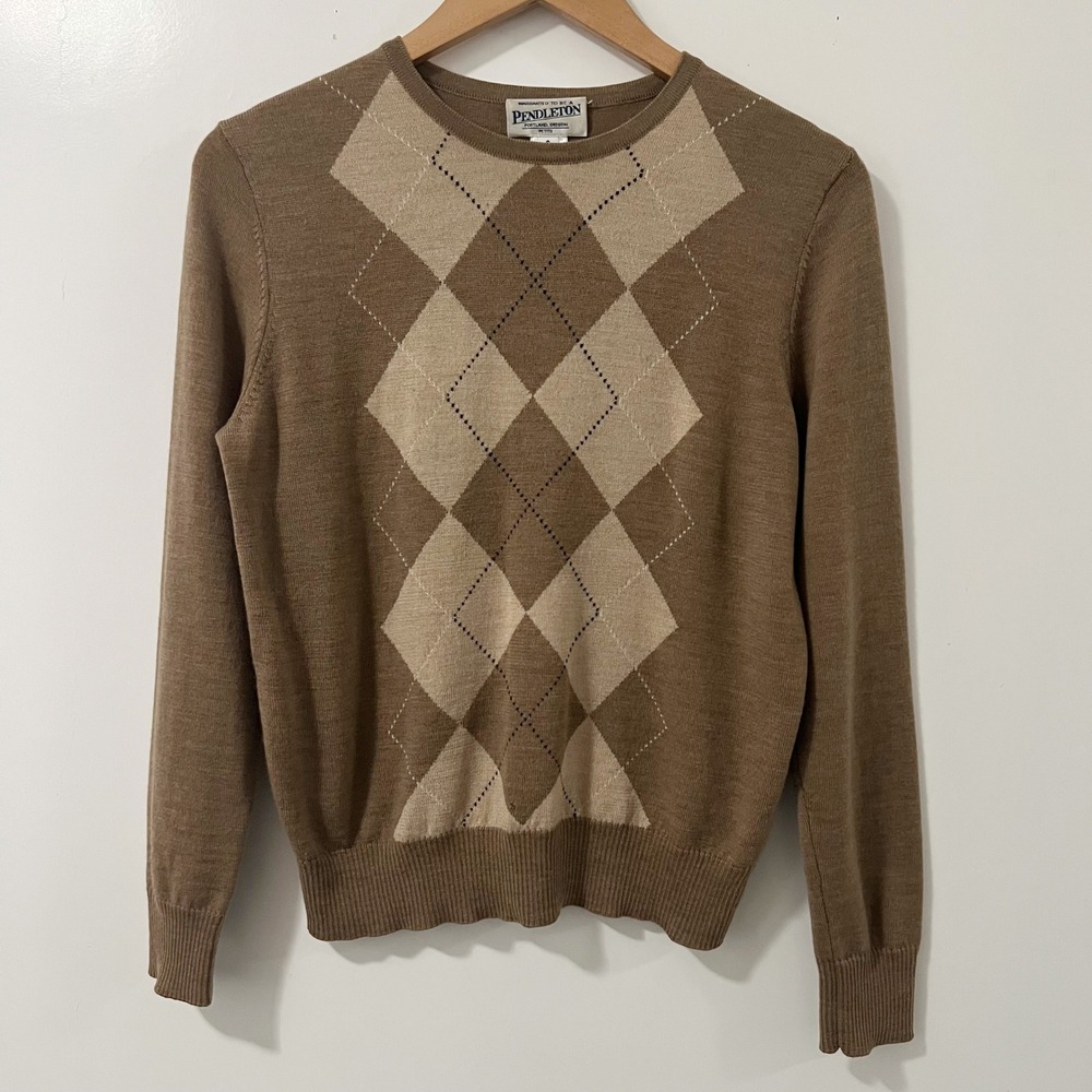 Pendleton Womens Petite S‎ Argyle Merino Wool Sweater Brown Tan Crew Neck 2198